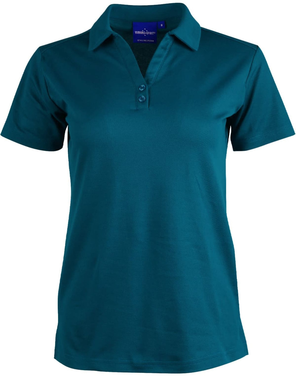 A teal short sleeve polo shirt with a collar and three button placket, featuring a branding logo.