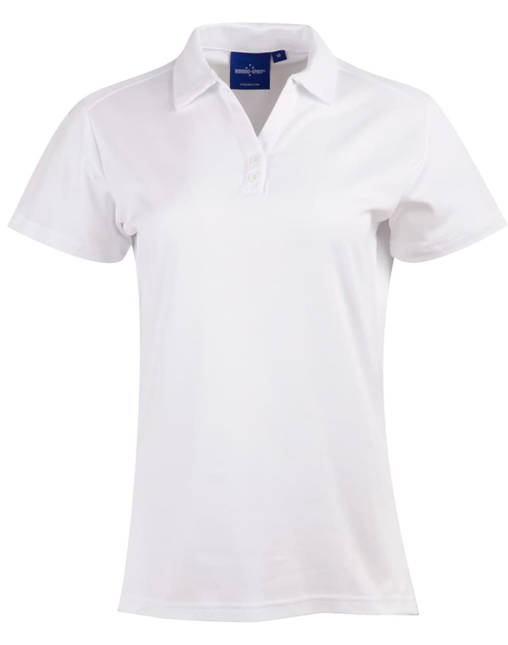 A white short sleeve polo shirt with a classic collar and a logo on the chest.