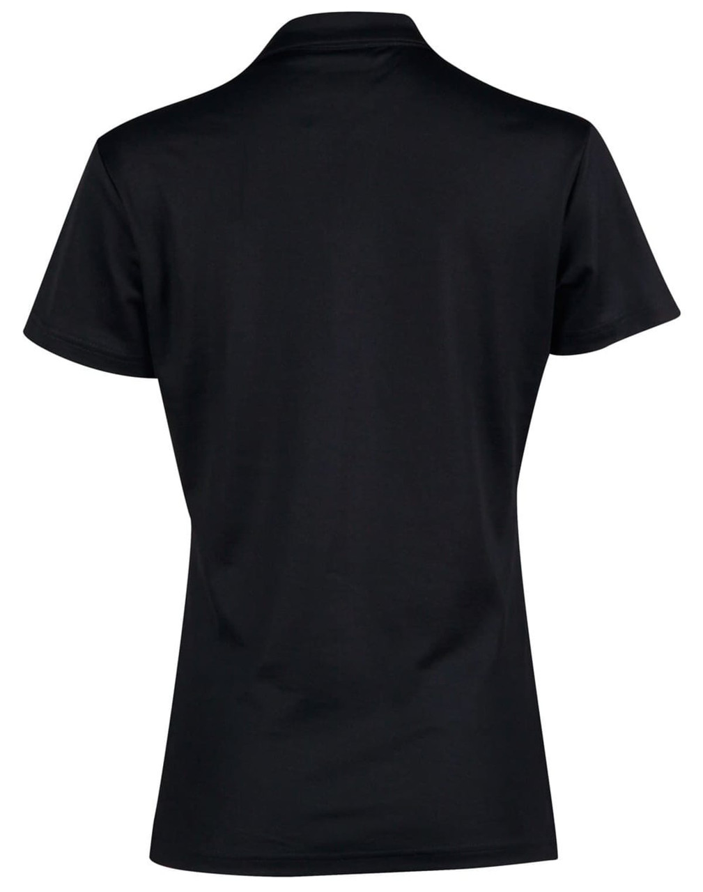 A black short sleeve polo shirt featuring a polo collar and a logo on the back.