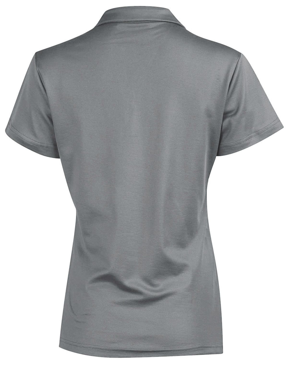 A grey women's polo shirt with a classic short sleeve design, featuring a back view and a logo.