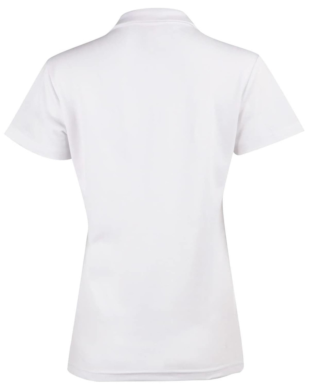 A white short sleeve polo shirt featuring a smooth fabric and a collar, with a branding logo on the back.