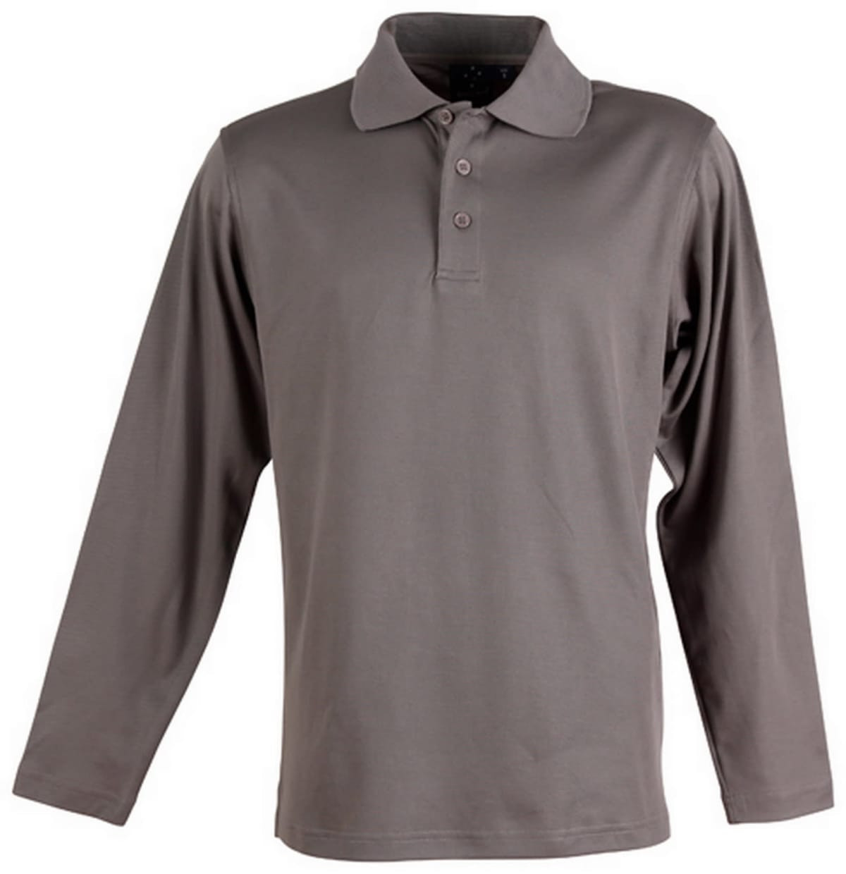 A long sleeve polo shirt in a muted grey colour, featuring a collar and button placket. It has a logo on the chest.