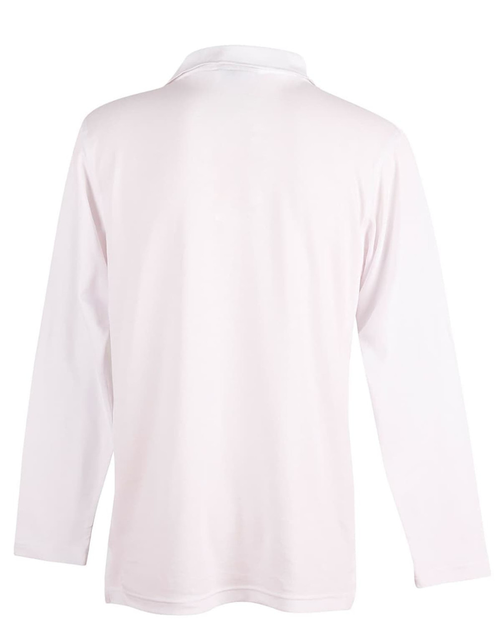A men's long sleeve polo shirt in white, featuring a collar and a logo on the back.