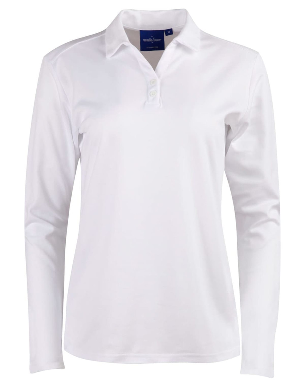 A white long sleeve polo shirt with a collar and buttons, featuring a logo on the front.