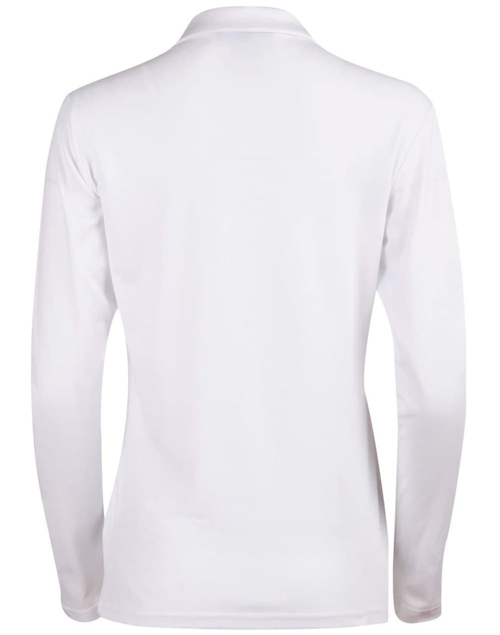 A long sleeve polo shirt in white, featuring a collar and a brand logo on the back.