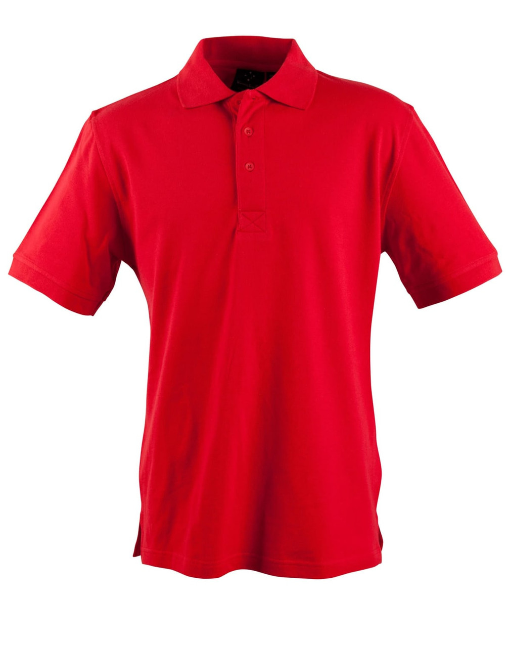 A bright red men's polo shirt featuring a collar, short sleeves, and a logo on the chest.