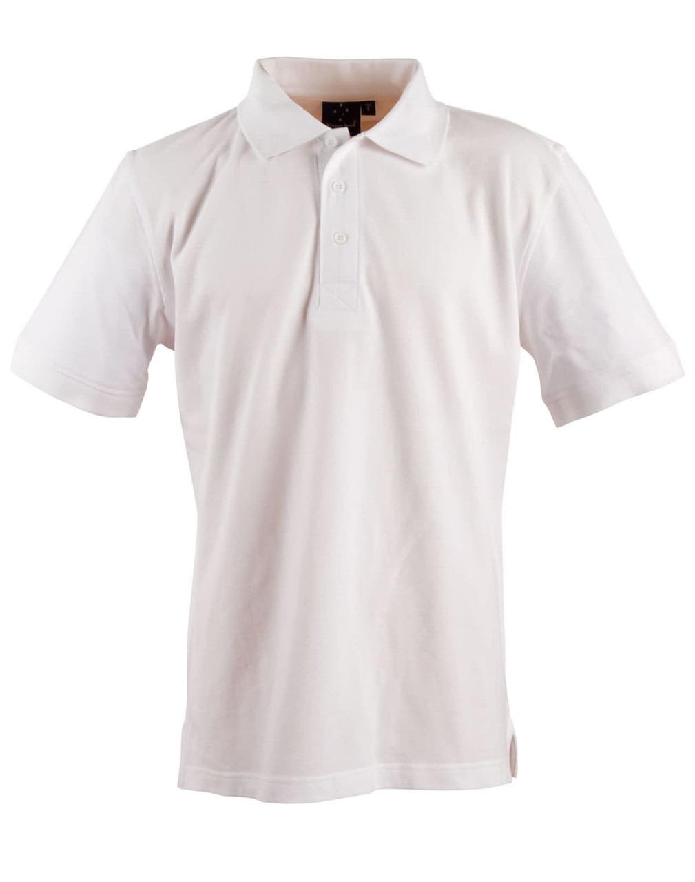 A white short-sleeved polo shirt with a collar and a small logo on the chest.