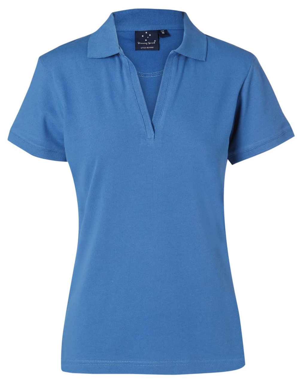 A ladies' polo shirt in a vibrant blue colour, featuring a classic collar and short sleeves. It includes a logo.