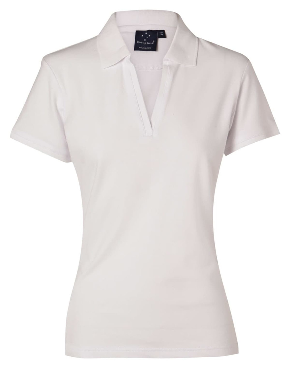 A white Ladies' Longbeach Polo shirt with a collar and a logo on the label.