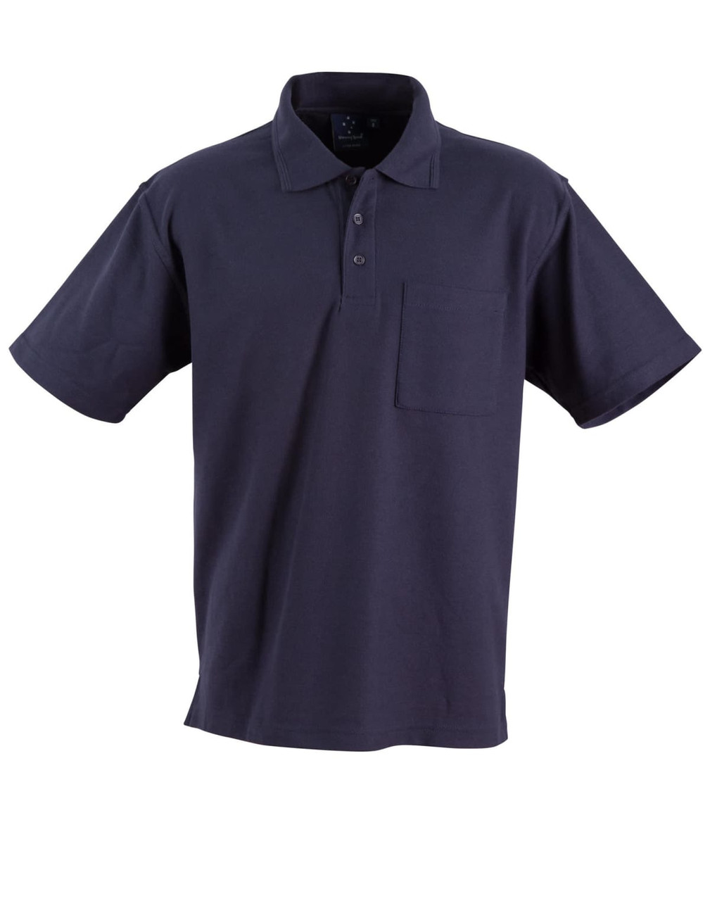 A navy blue pocket short sleeve polo shirt with a classic collar and a logo on the chest pocket.