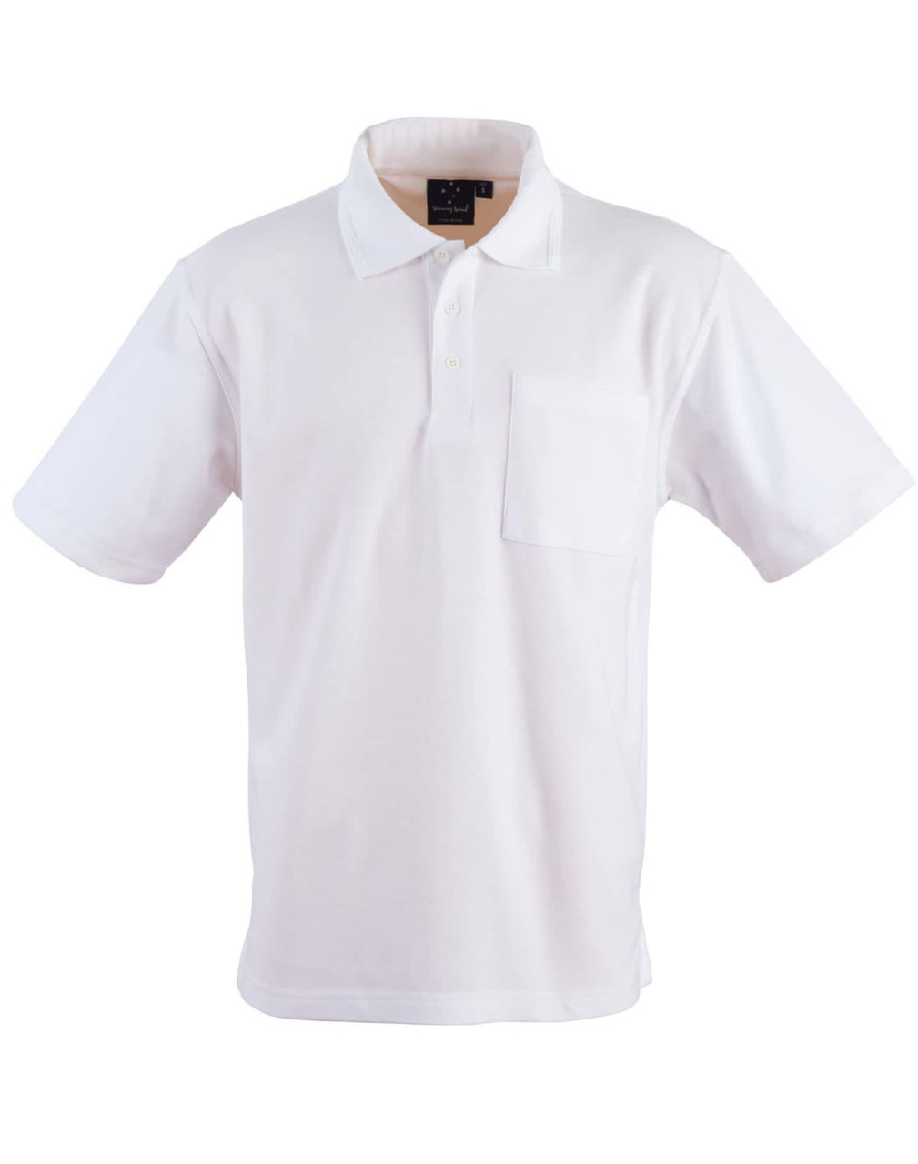 A white short sleeve polo shirt with a pocket and a logo on the collar.