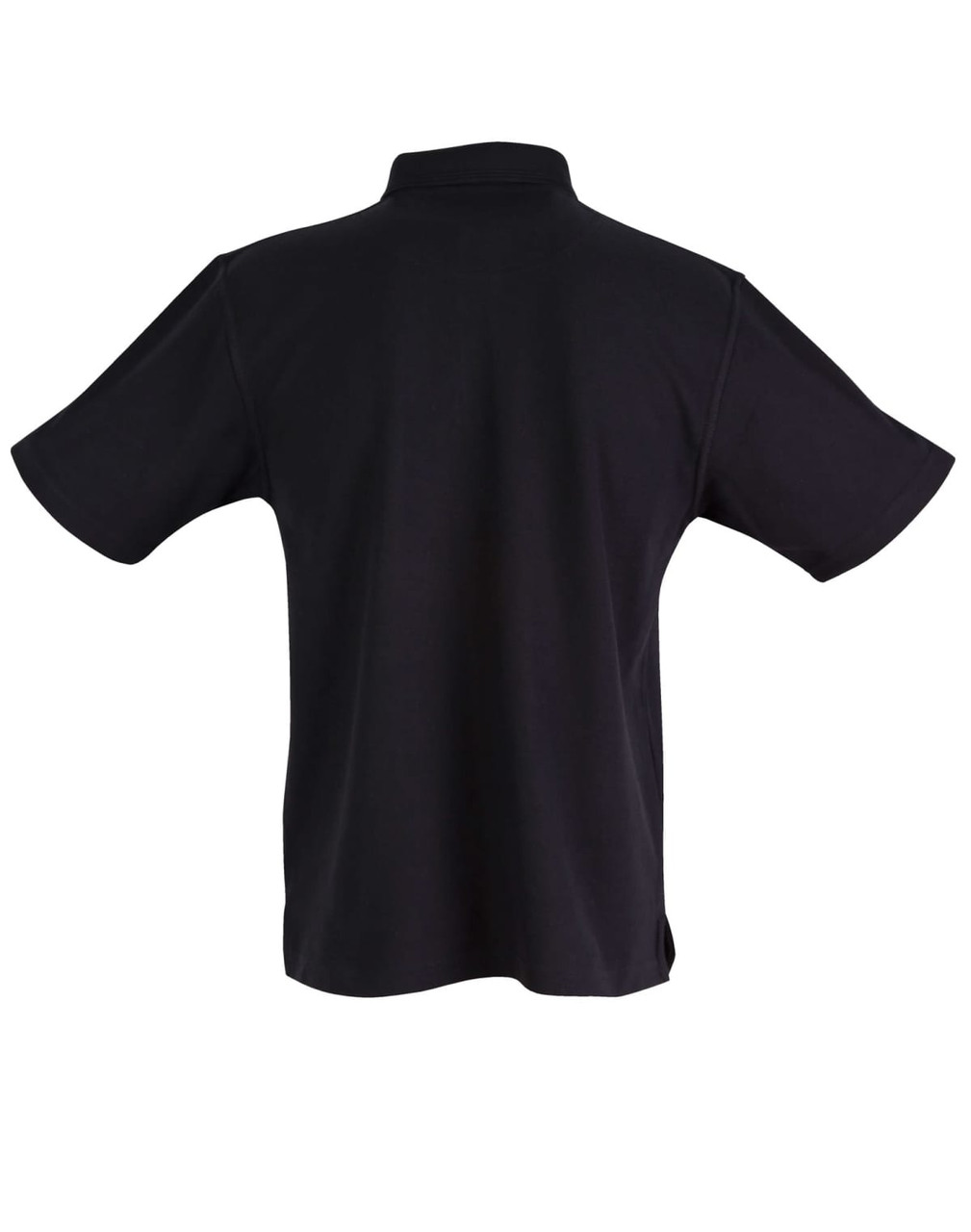 A black short sleeve polo shirt, featuring a collar and a tag on the back.
