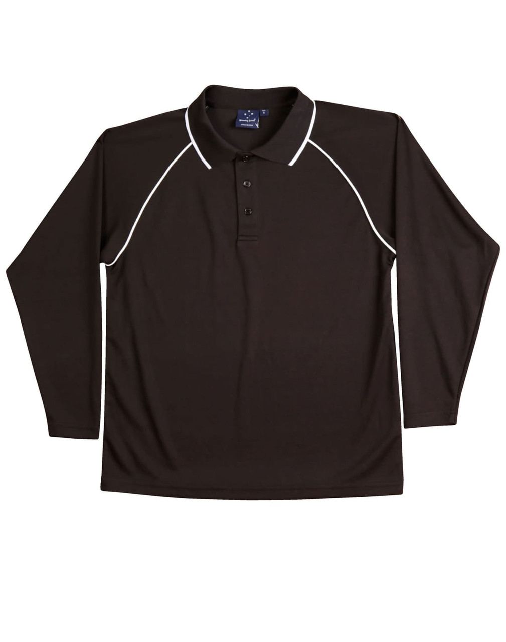 A black long-sleeve polo shirt with raglan sleeves and contrasting white piping, featuring a collar and buttons.