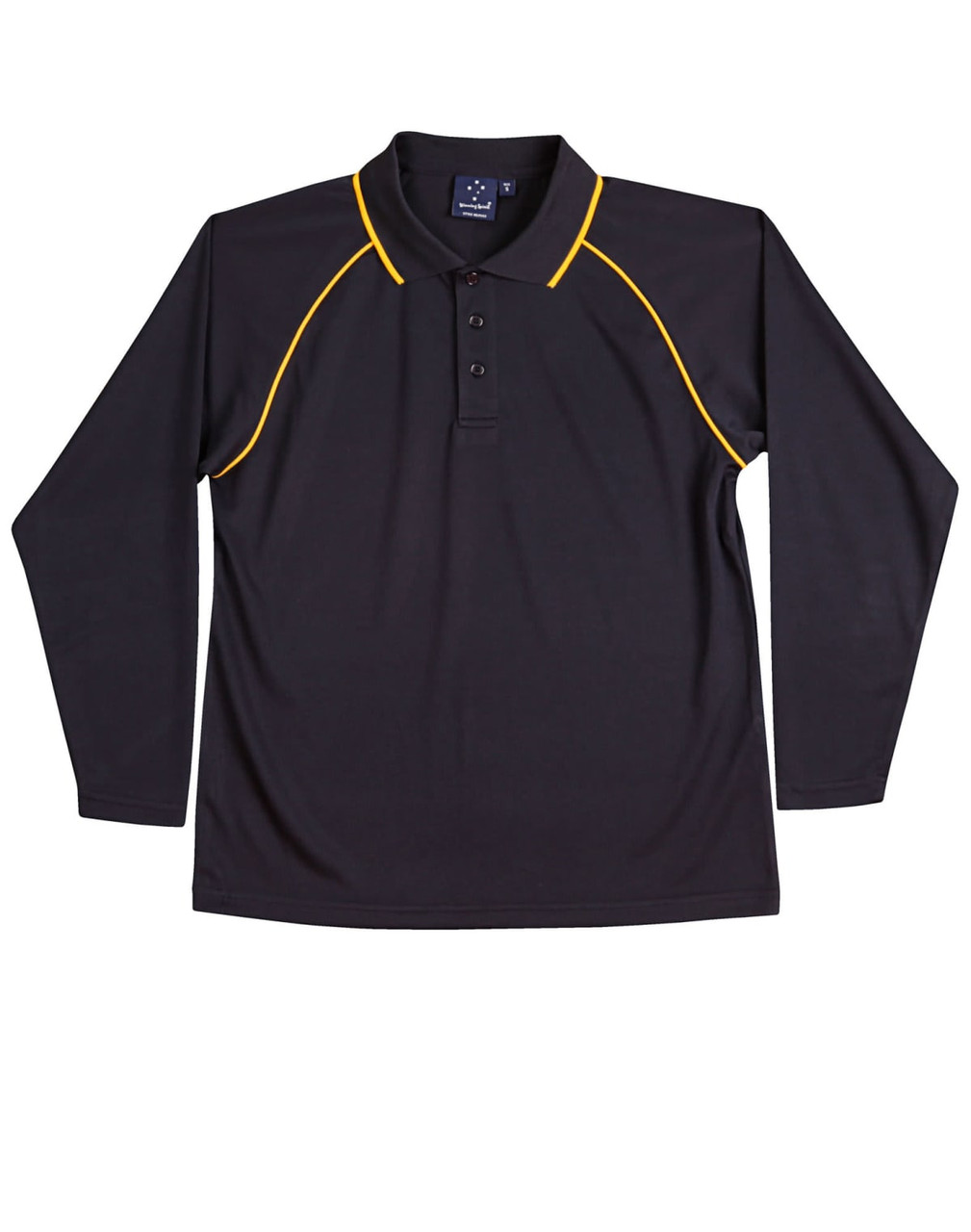A black long-sleeve polo shirt with yellow accents and a collar, featuring a logo on the chest.