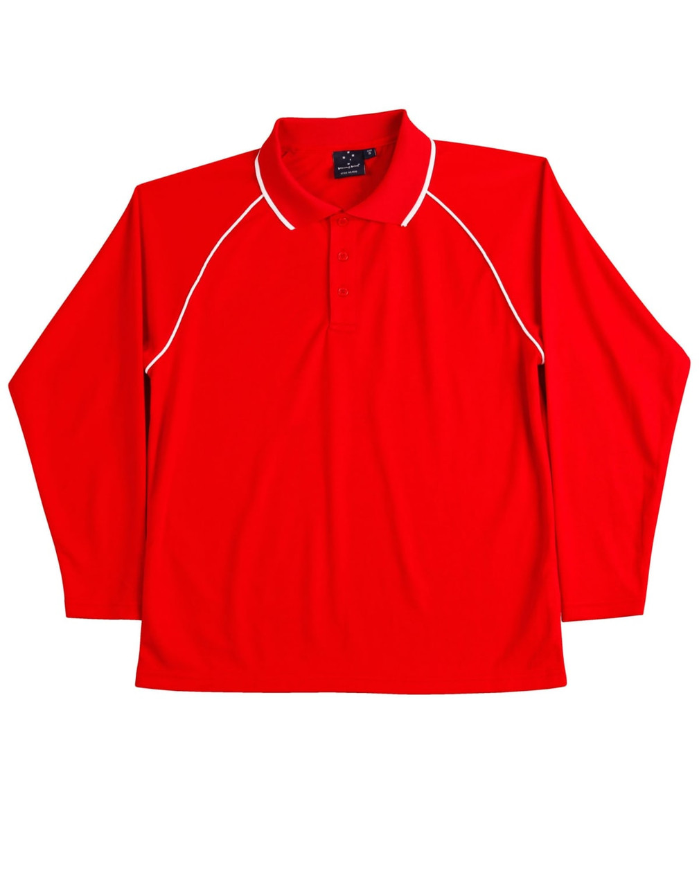 A red long-sleeve polo shirt with raglan sleeves and white piping. The shirt features a collar and buttons, with a logo.