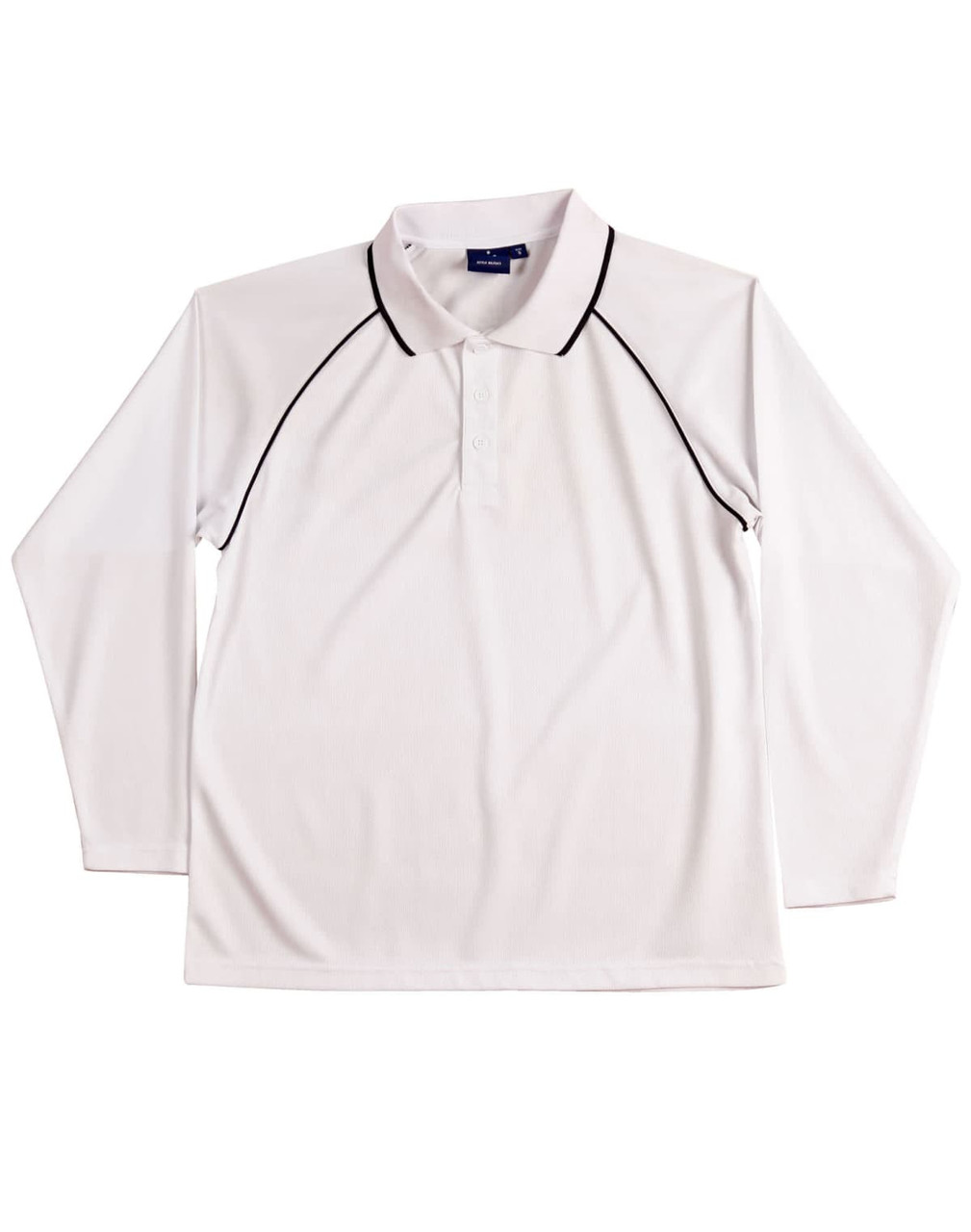 A white long-sleeve polo shirt with black piping and a collar. The shirt features a logo.