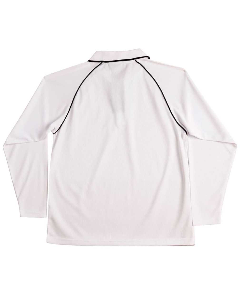 A white long-sleeve polo shirt with a raglan design and contrasting black stitching. Features a logo on the chest.