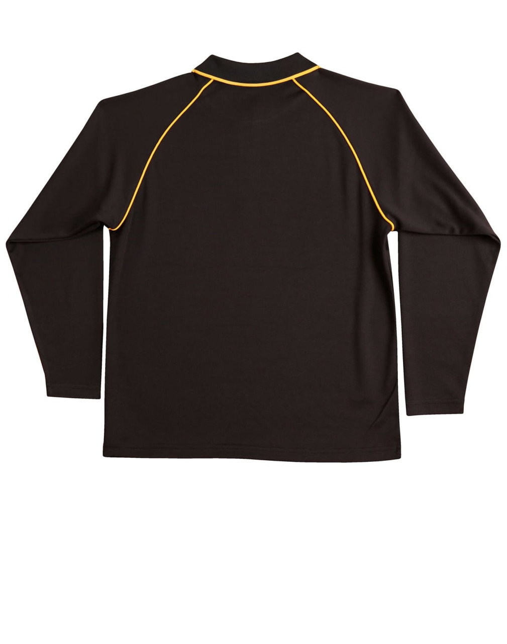 A black long-sleeve polo shirt with yellow piping and a collar. Features a logo on the back.