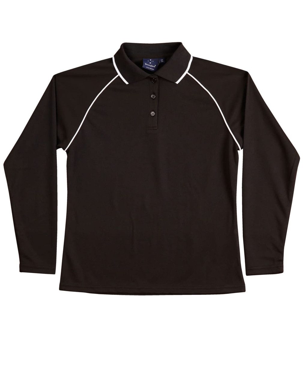 A black long-sleeve polo shirt with raglan sleeves and white piping. It features a collar and buttons, with a logo.
