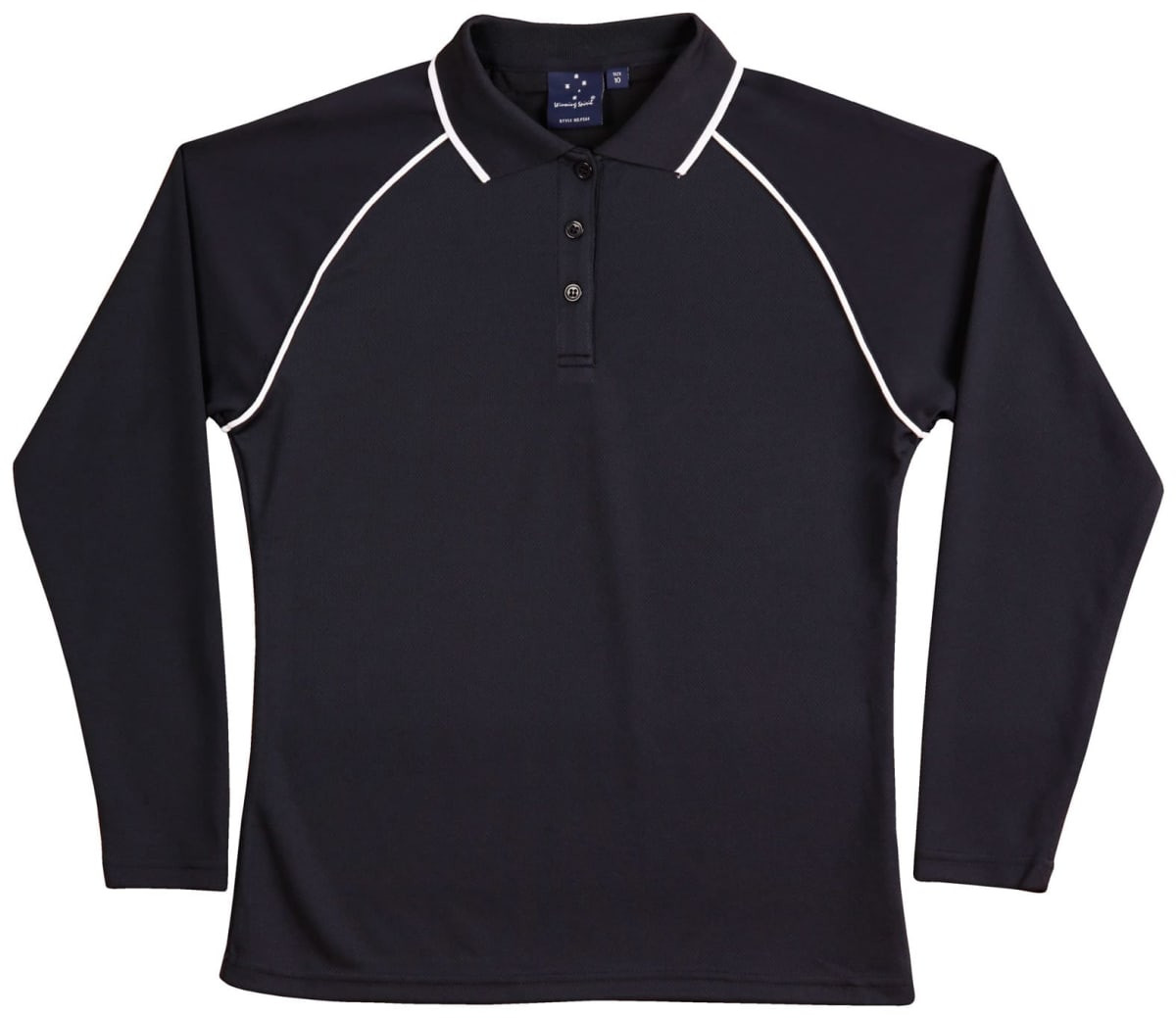 A black long-sleeve polo shirt with raglan sleeves, featuring white piping and a collar. It has a logo on the chest.