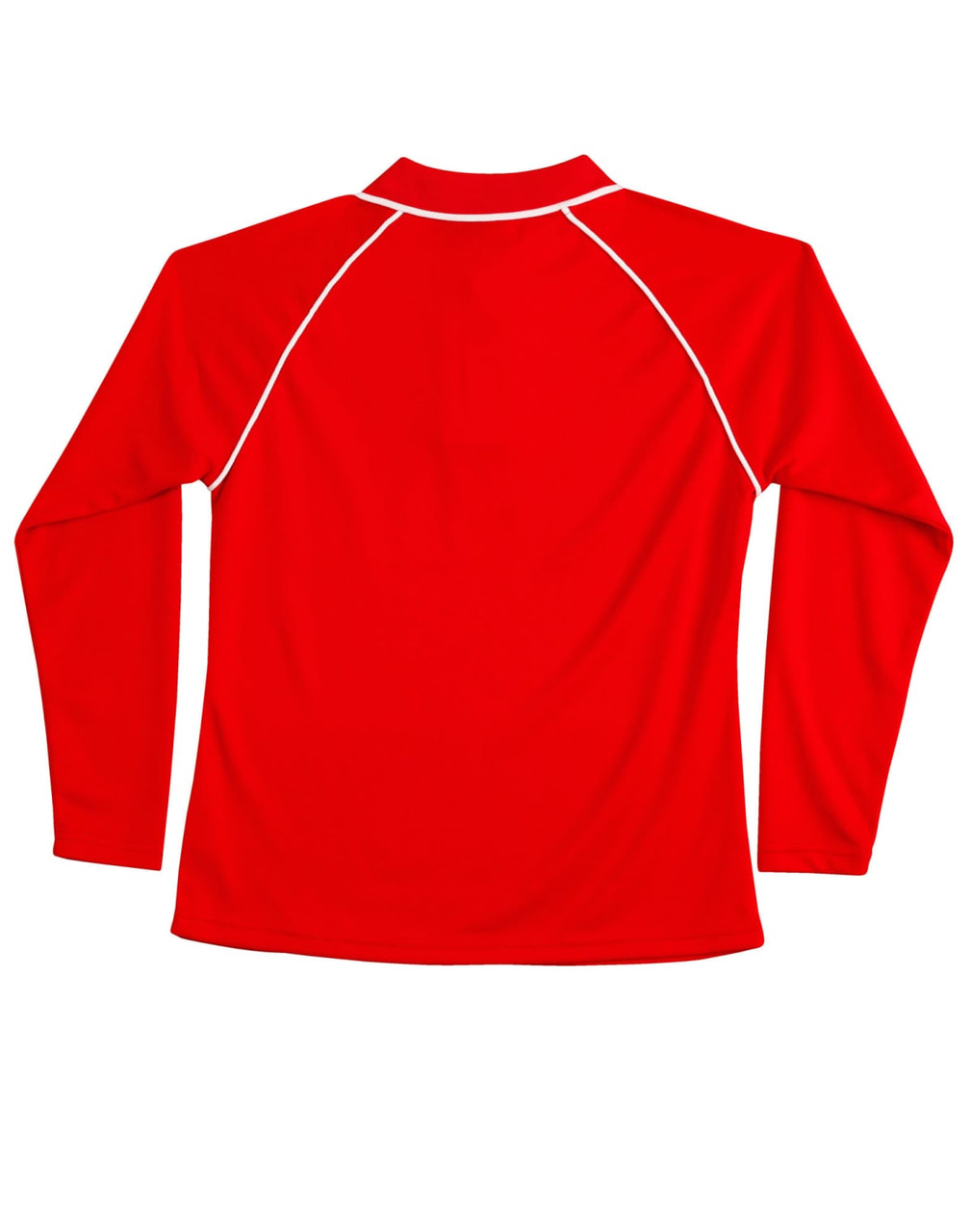 A red ladies' long-sleeve polo shirt featuring a raglan design and a branded logo.