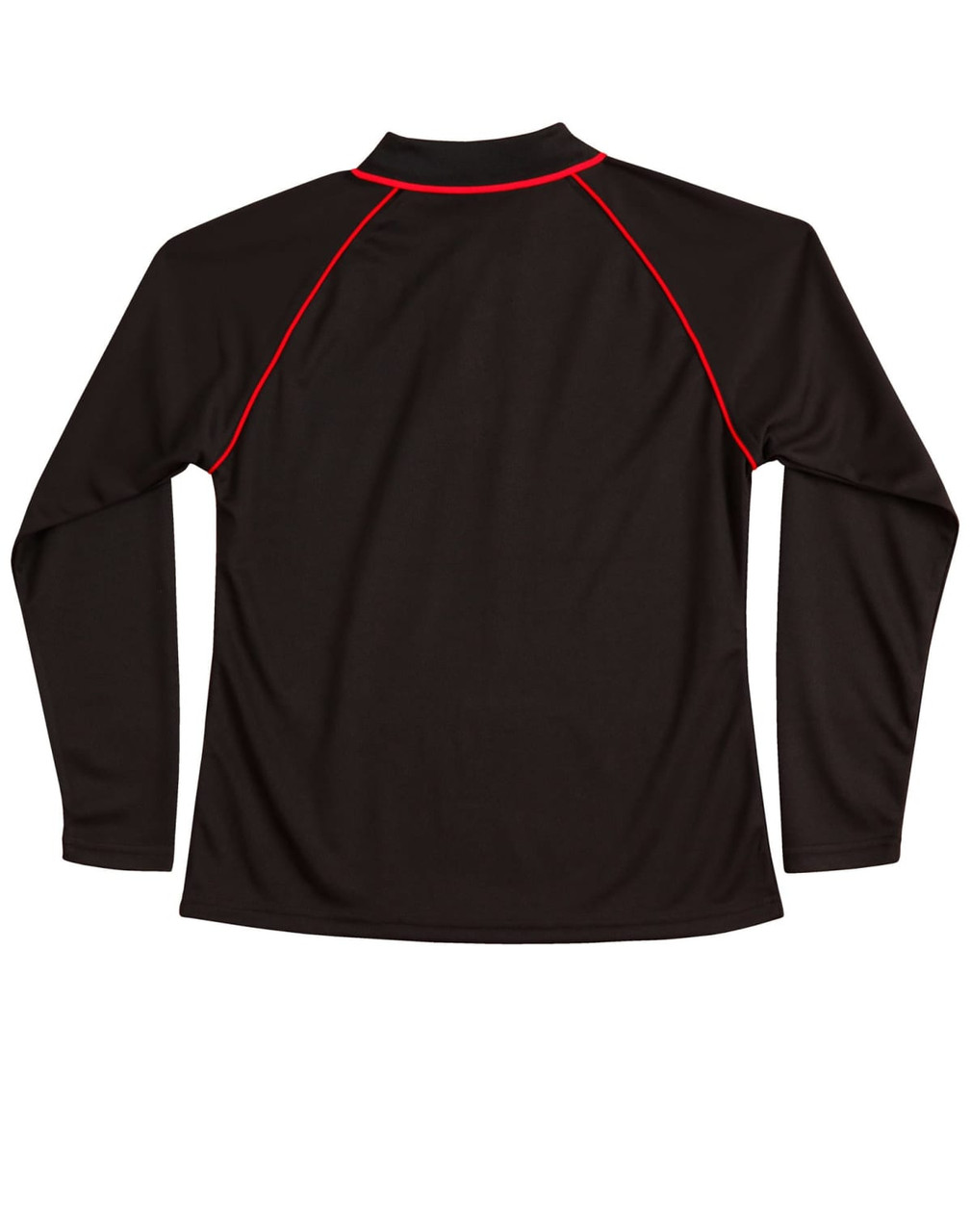 A black long-sleeve polo shirt with red accents and a logo on the back.