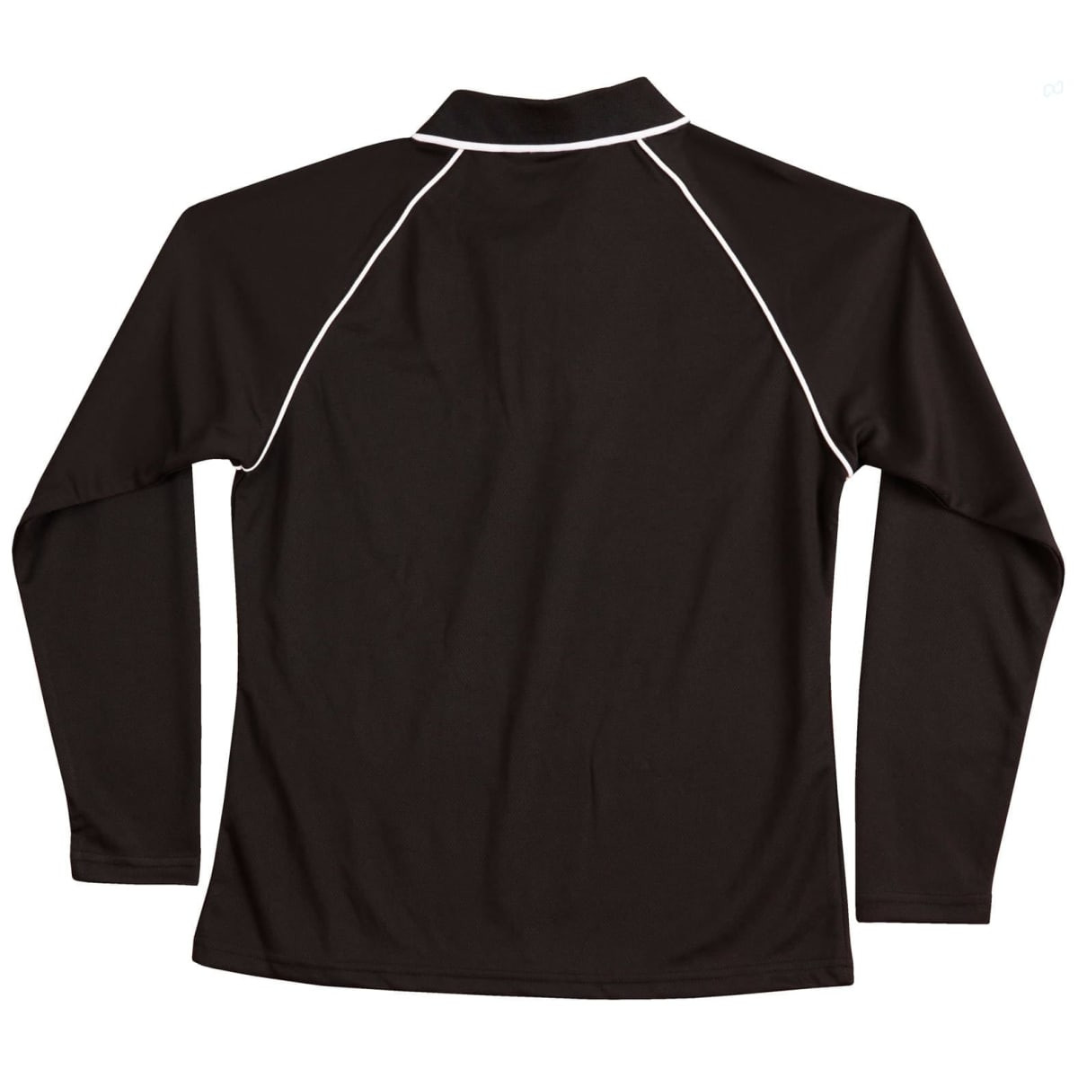 A black long-sleeve polo shirt featuring raglan sleeves and contrasting piping, with a logo present.