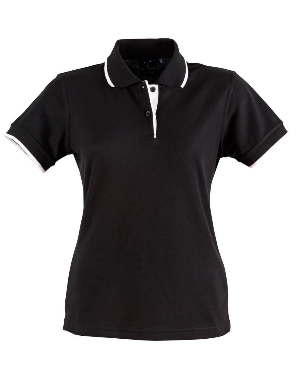 A black ladies' polo shirt with contrasting white collar and sleeve trims. It features a logo on the chest.