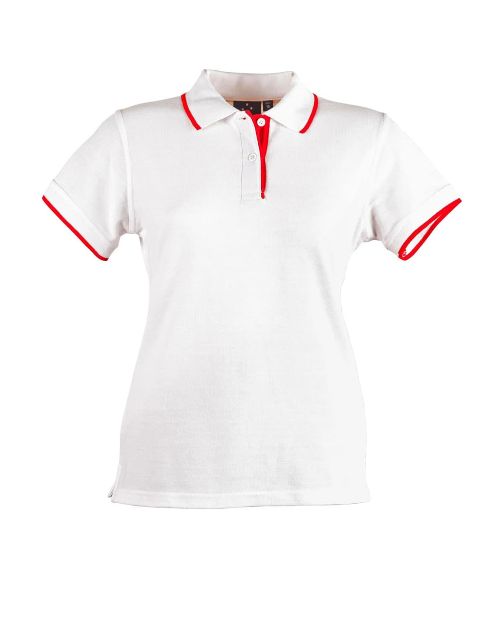 A white polo shirt with red collar and sleeve trims, featuring a logo on it.