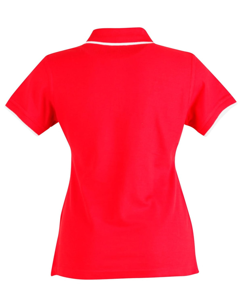 A red ladies' polo shirt with a classic collar and short sleeves, featuring contrasting trim and a logo.