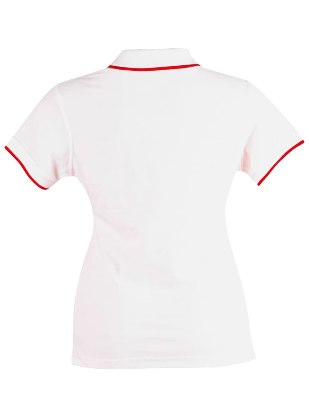 A white ladies' polo shirt featuring red trim on the collar and sleeves, with a logo on the side.
