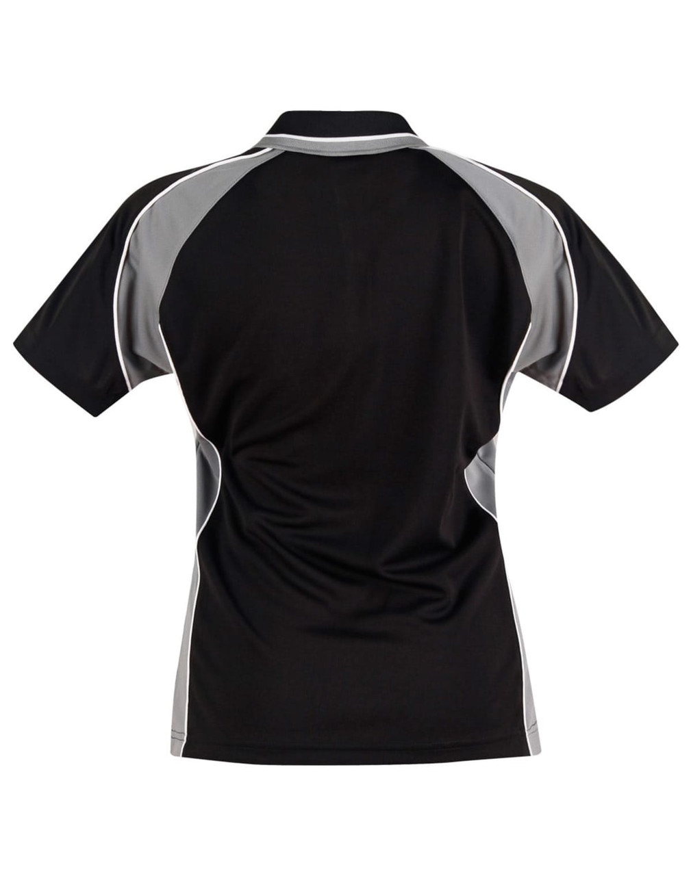 A black polo shirt with grey accents, featuring a logo on the collar and a sporty design.