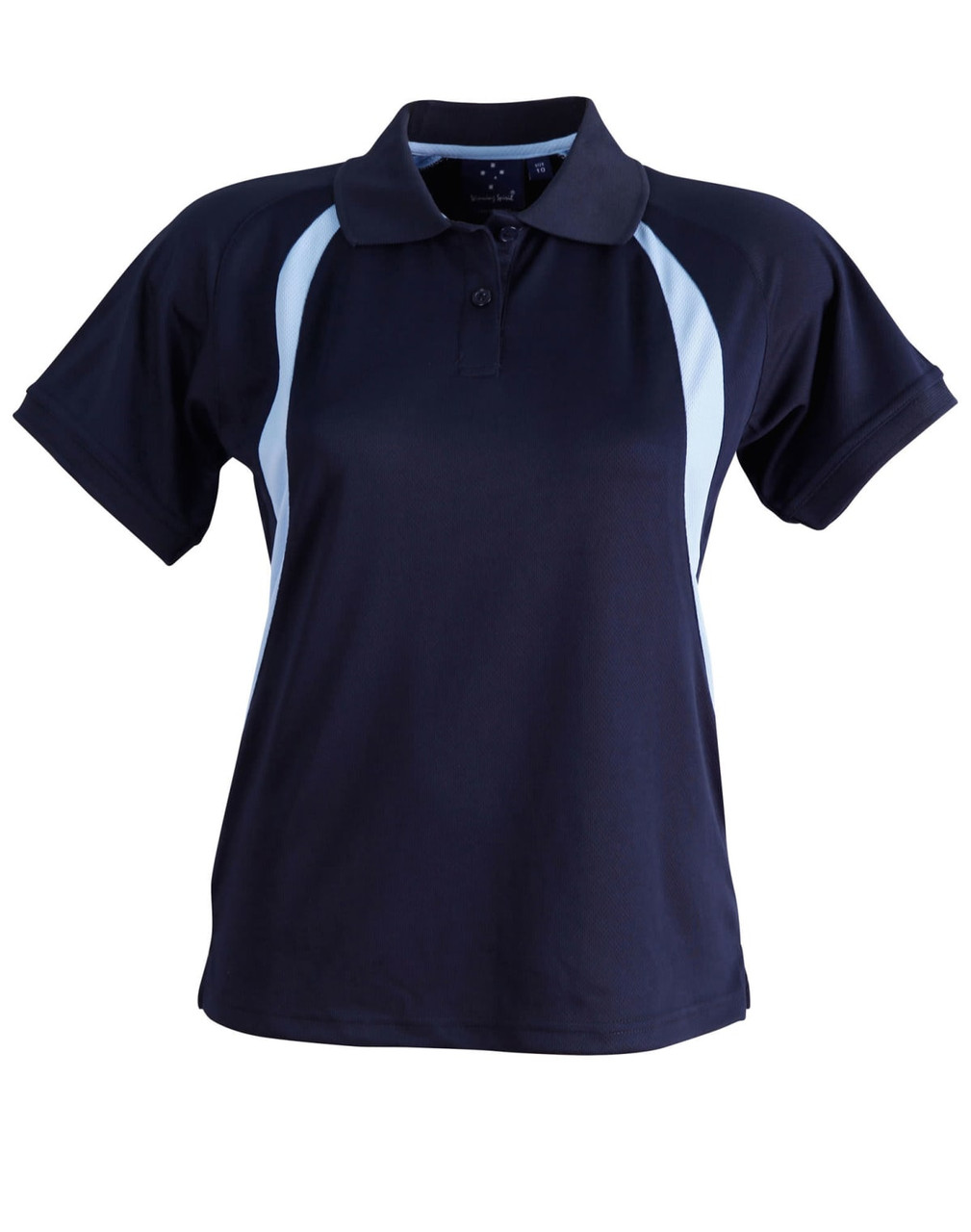 A navy blue polo shirt for ladies, featuring light blue accents and a collar. It has a logo on the chest.