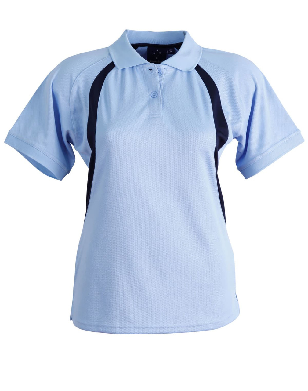 A light blue ladies' polo shirt with black side panels and a collar, featuring a logo on the front.