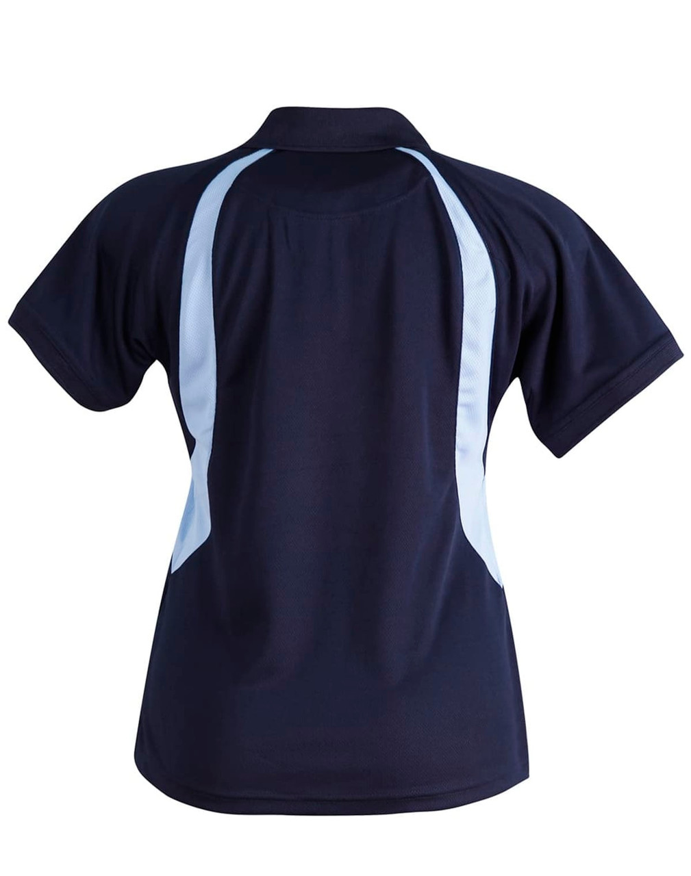 A navy polo shirt with light blue panel detailing, featuring a collar and short sleeves. It has a logo on the front.