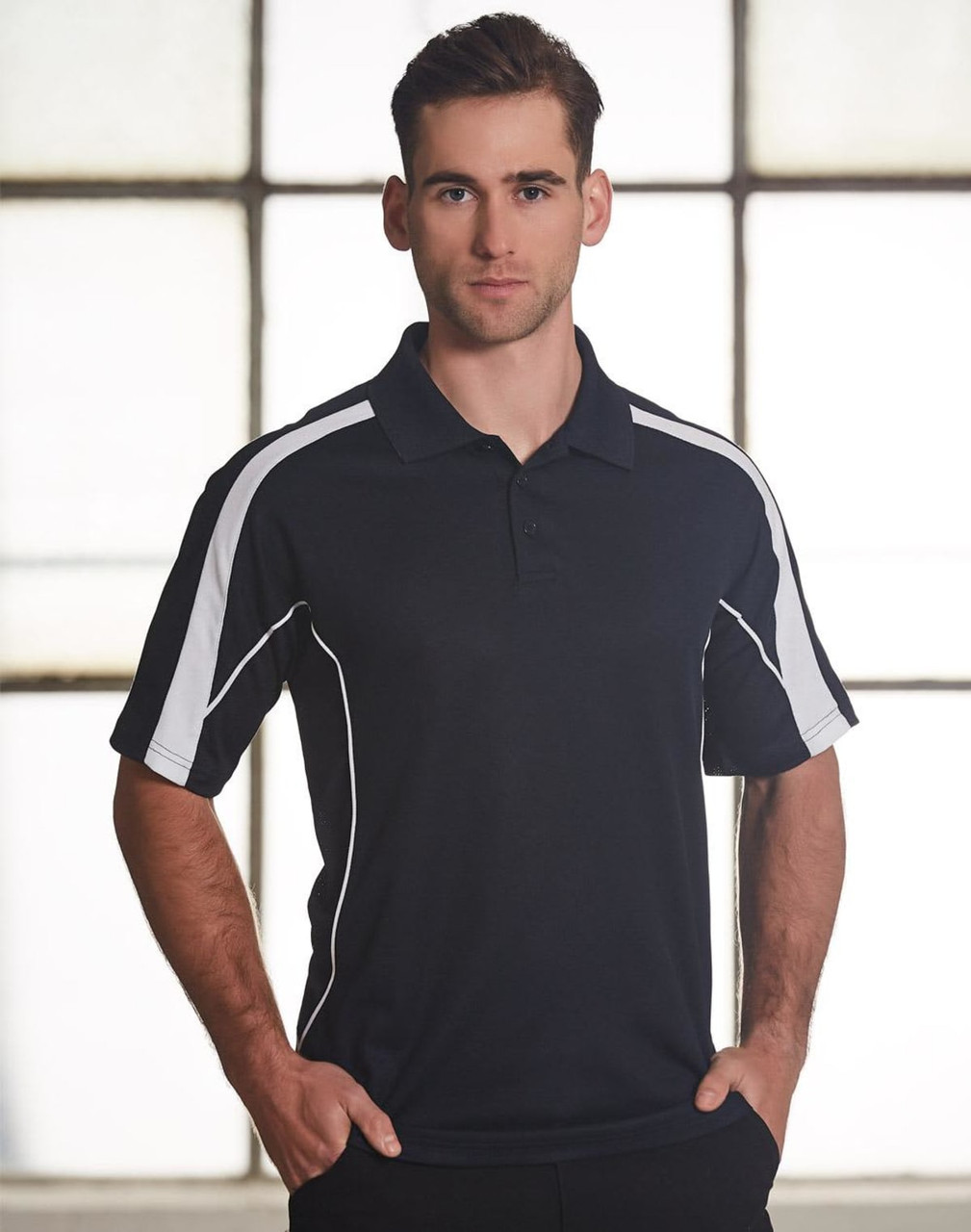 A men's black polo shirt with white side stripes and a logo on the chest.