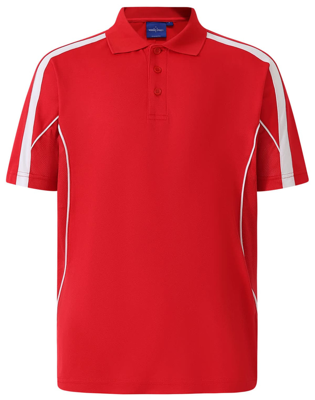 A red polo shirt with short sleeves, featuring white side stripes and a logo on the chest.