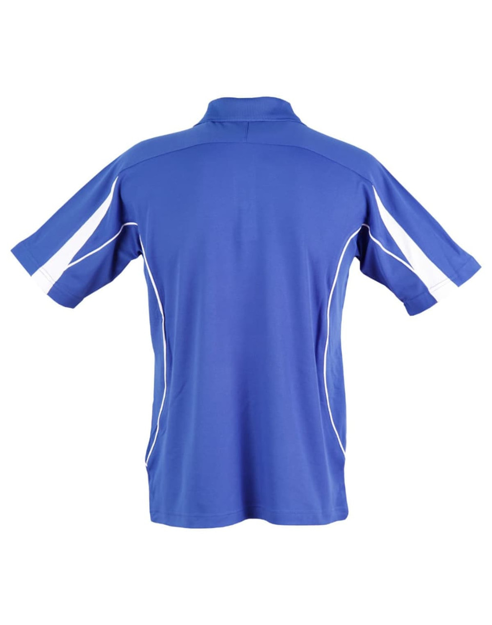 A blue polo shirt featuring white accents and a logo on the back. Short sleeves complete the sporty look.