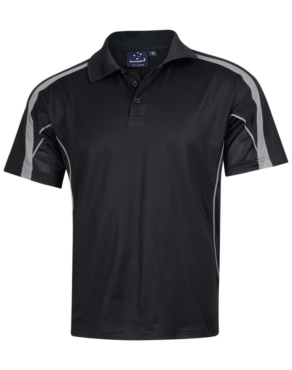 A black polo shirt featuring grey accents, with a classic collar and short sleeves, and a logo on the chest.