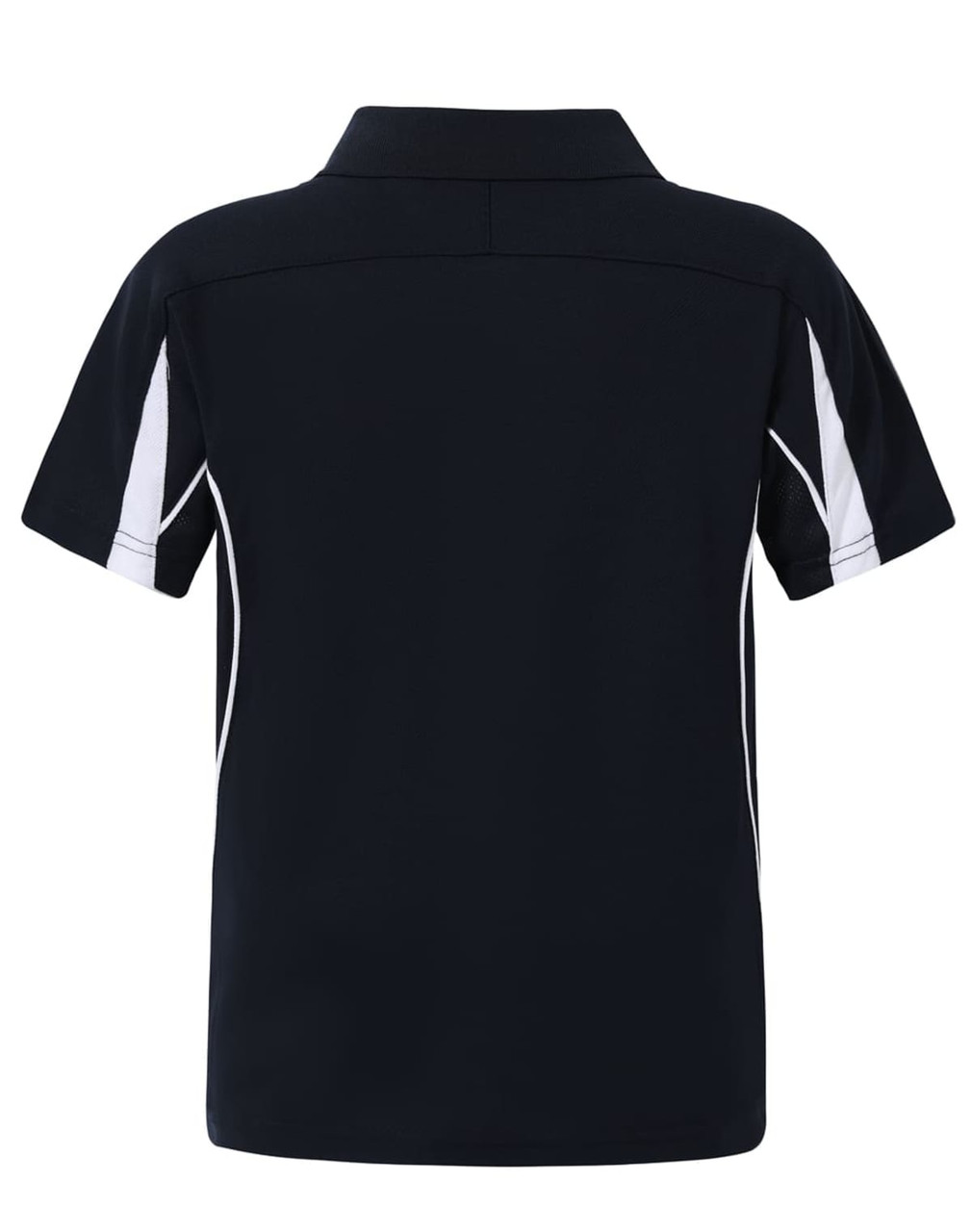 A navy polo shirt with white detailing, featuring a collar and short sleeves, and a logo on the back.