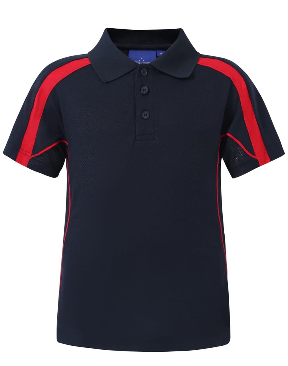 A kids' short-sleeve polo shirt in navy with red accents and a collar, featuring a small logo.