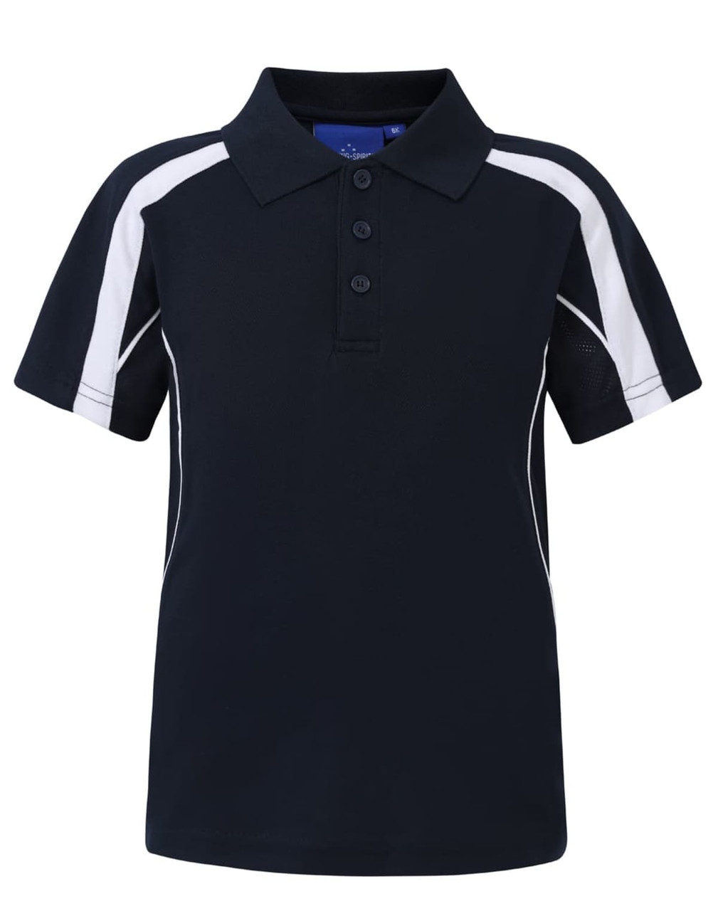 A navy blue kids' polo shirt with white detailing and a logo, featuring a classic collar and button placket.
