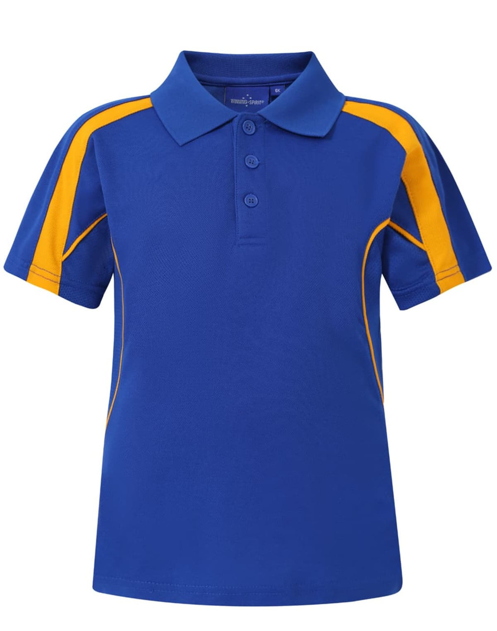 A blue polo shirt with yellow accents and a three-button placket, featuring a branding logo on the chest.