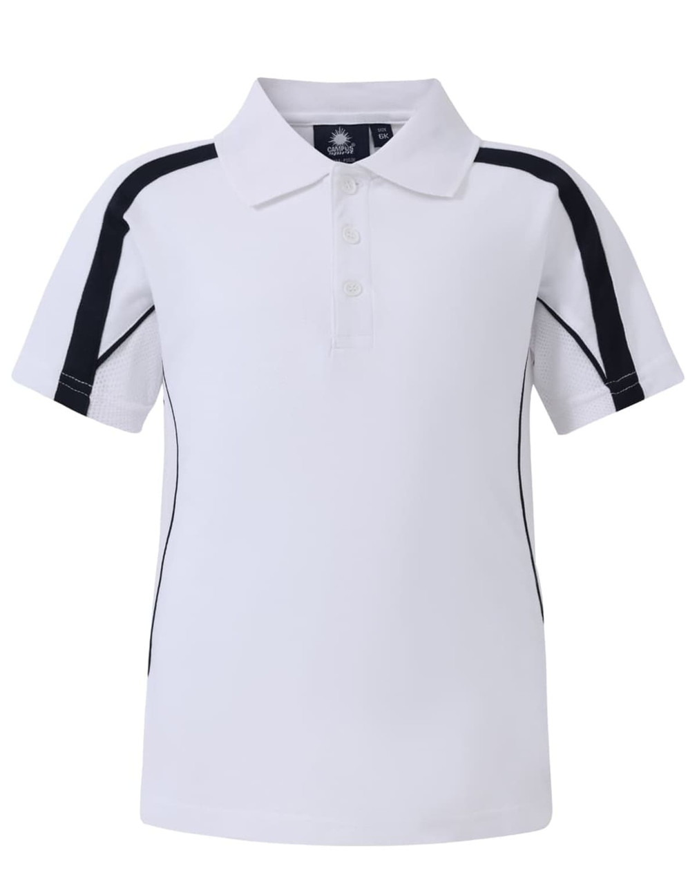 A white kids' polo shirt with navy accents and a logo on the chest. Short sleeves and a classic collar design.