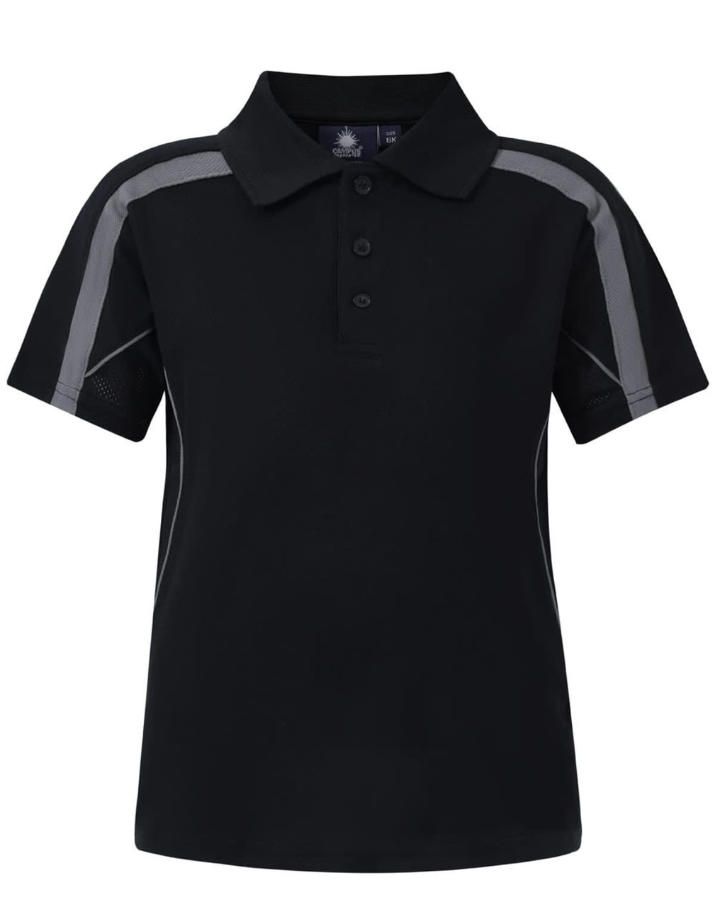 A black kids' polo shirt featuring grey accents and a collar, with a logo on the chest area.