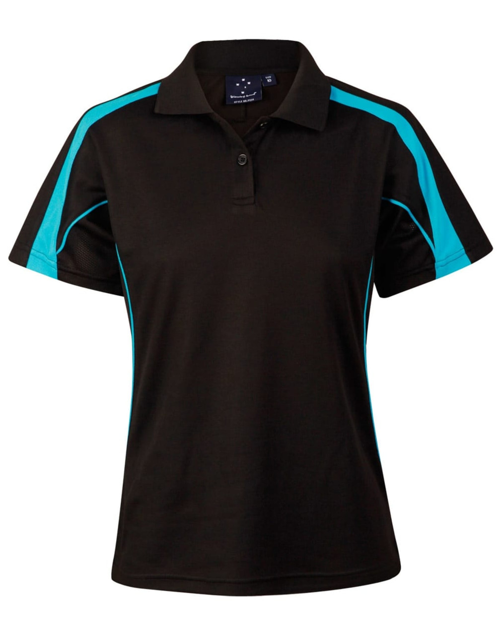 A black polo shirt with turquoise accents, featuring a classic collar and a logo. Perfect for casual wear.