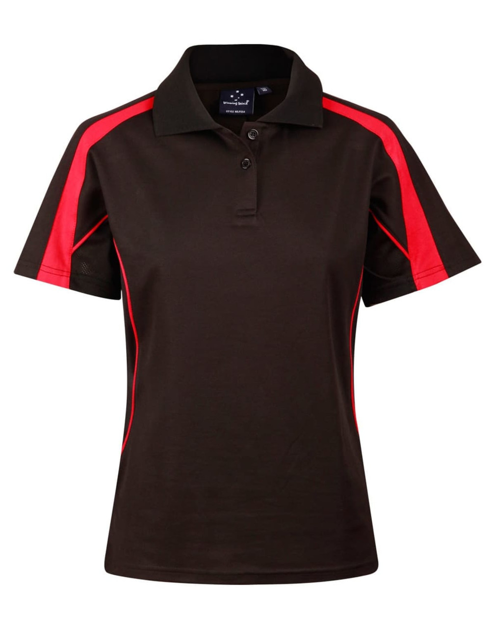 A short sleeve polo shirt in dark brown with red accents and a logo on the chest.