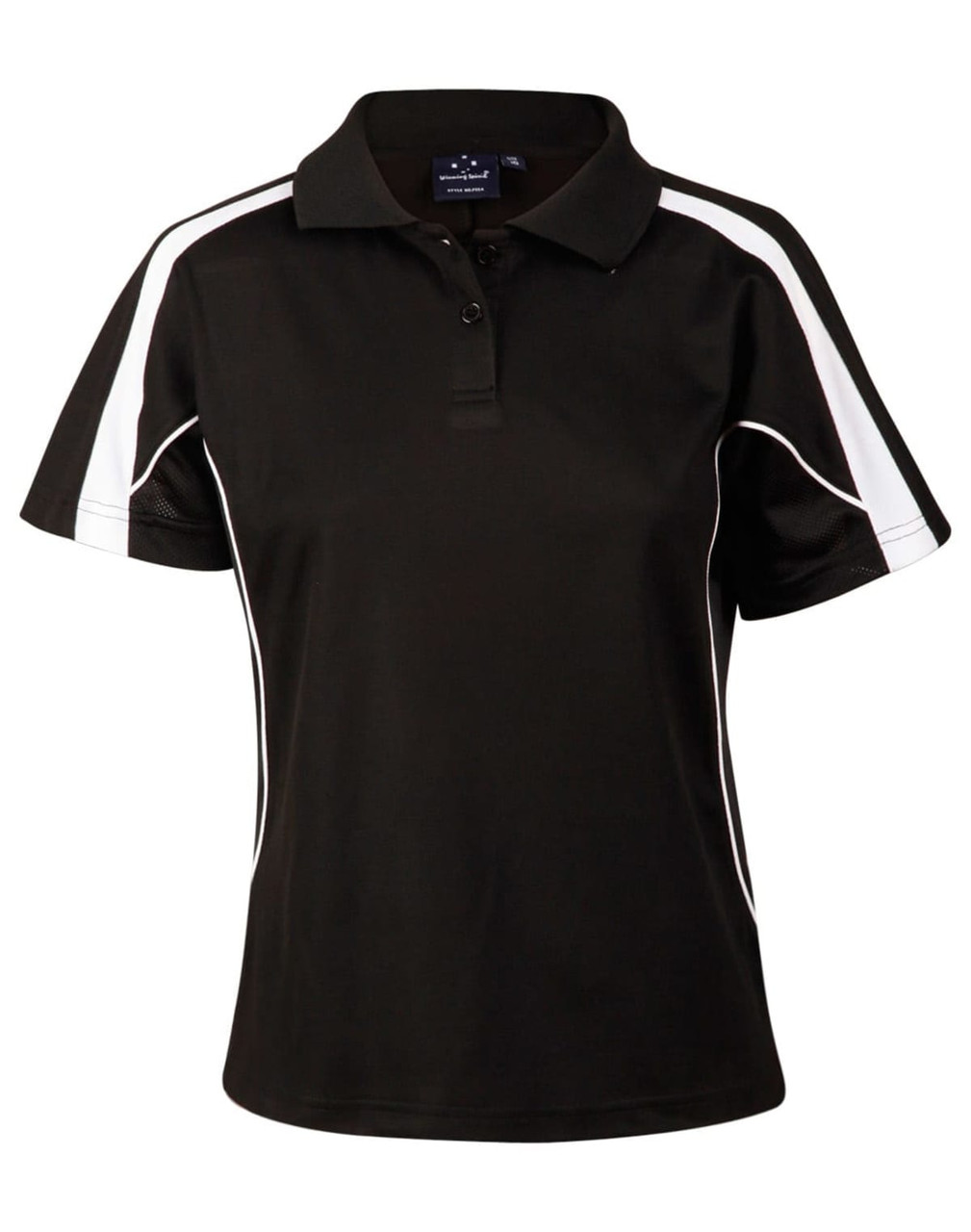 A black short sleeve polo shirt featuring white accents and a logo on the collar.