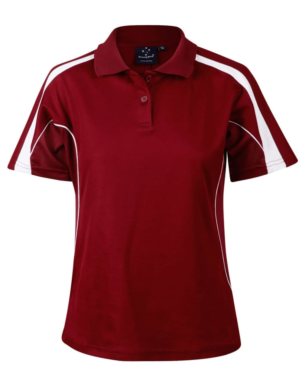 A maroon short sleeve polo shirt featuring white accents and a logo on the collar.