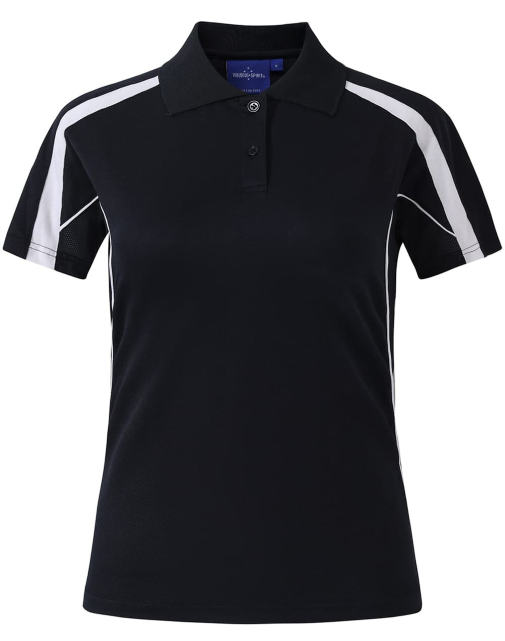 A navy blue polo shirt with short sleeves, featuring contrasting white side panels and a logo.